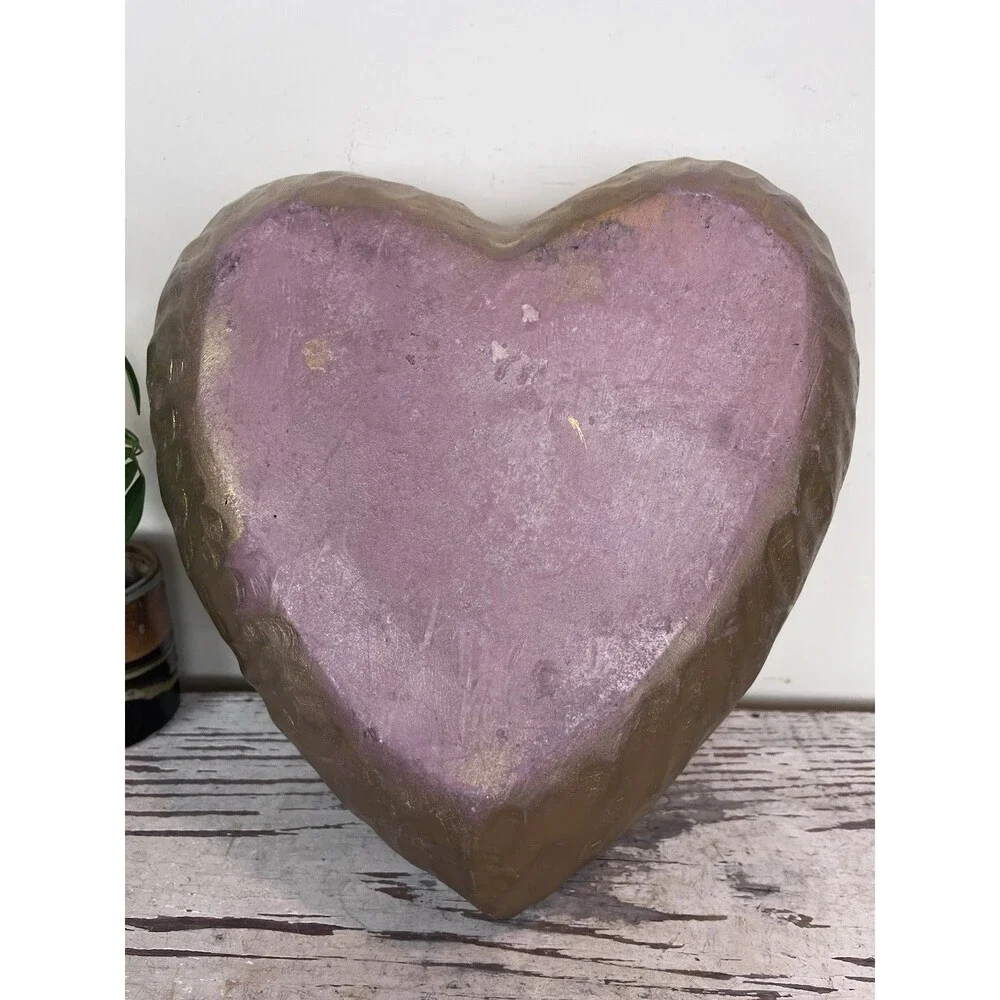 Charming Vintage Hand Carved Wooden Heart Bowl Gold Painted 13”x12”